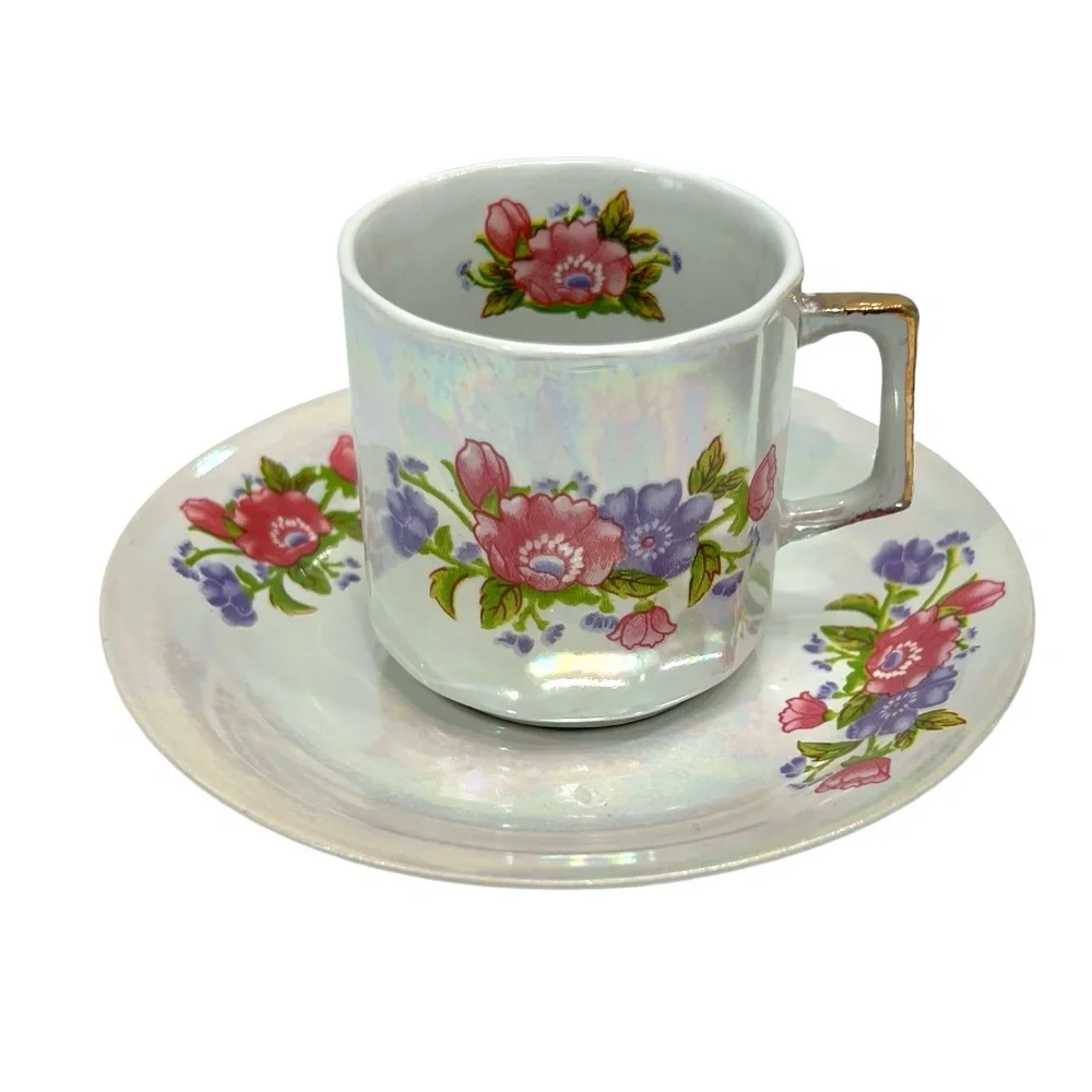 1970s WAHBEH OF CHINA LUSTERWARE PINK & PURPLE FLORAL CUPS & SAUCERS - SET OF 6